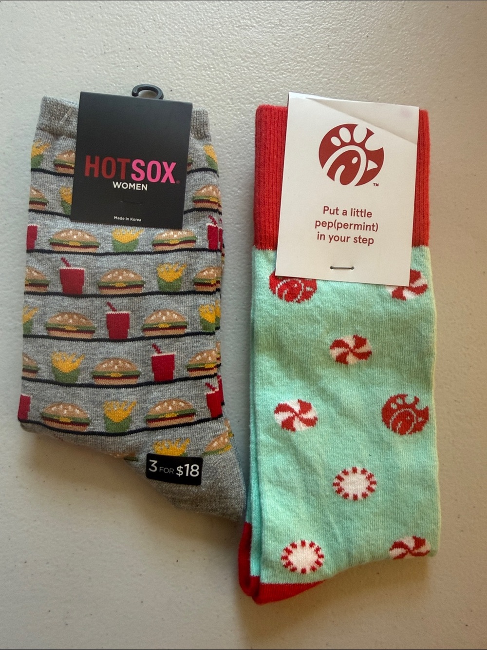 Hot Sox Women Gray Burger & Fries Crew Socks & Chick-fil-A peppermint Socks